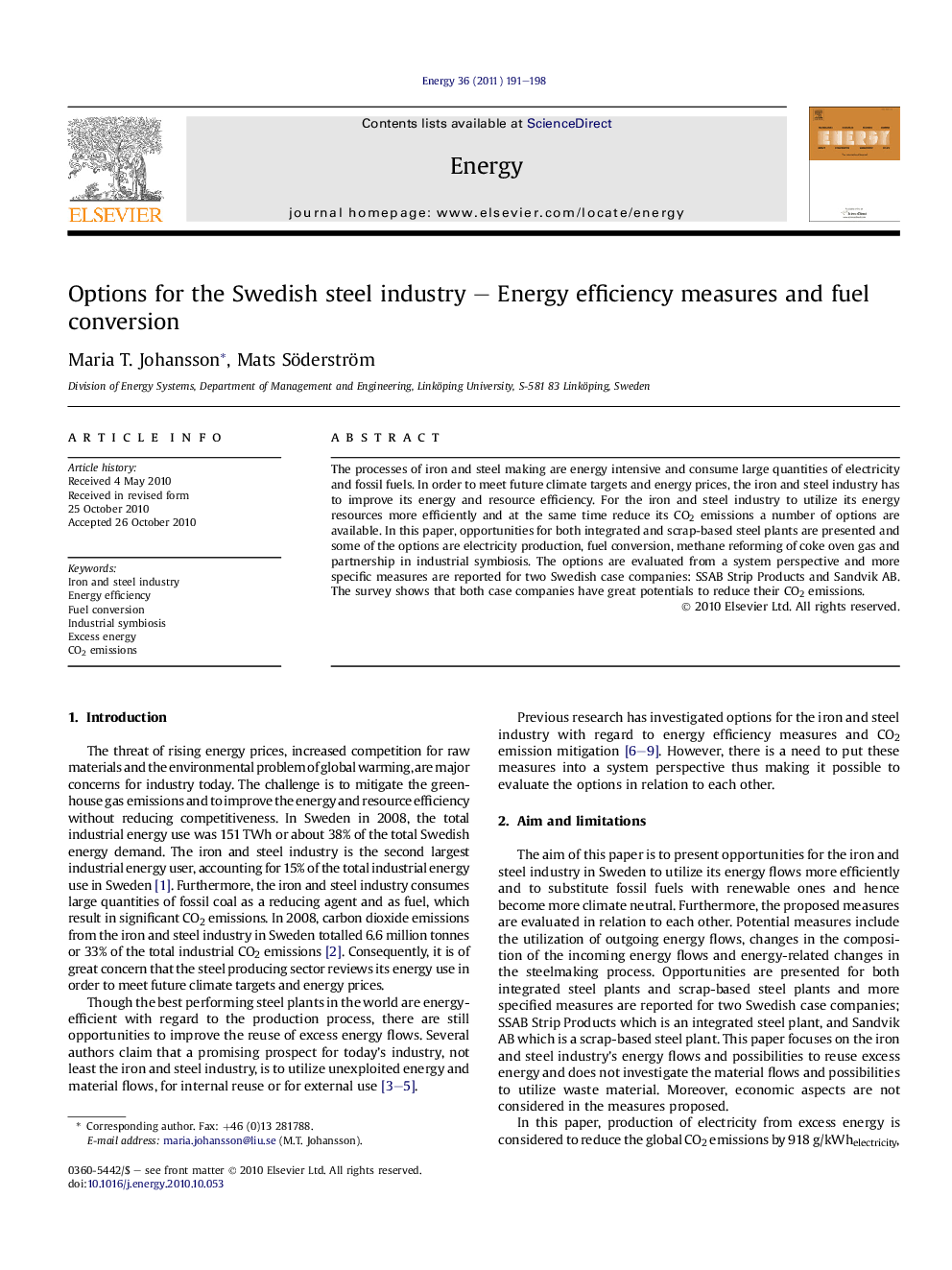 Options for the Swedish steel industry – Energy efficiency measures and fuel conversion