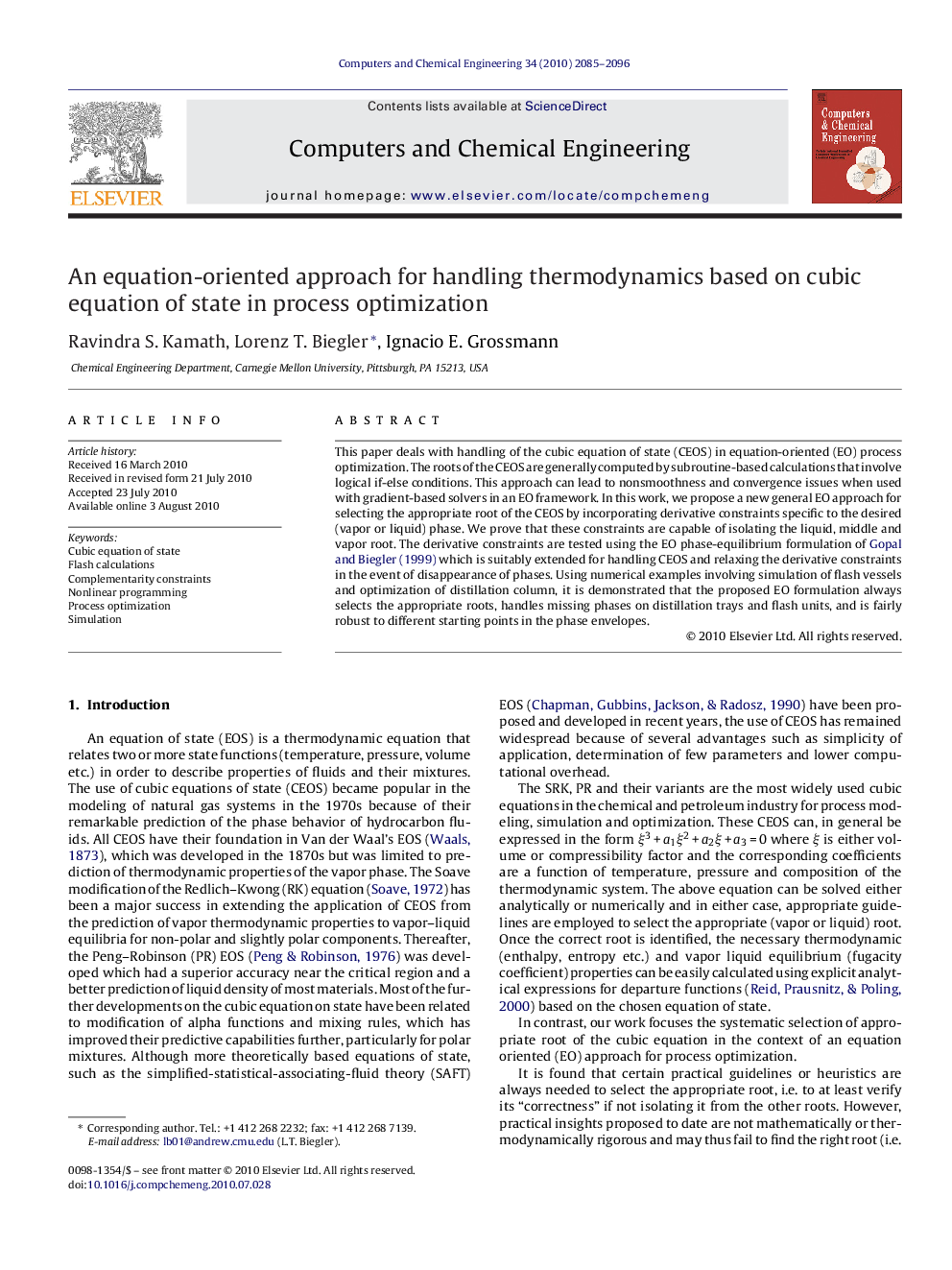 An equation-oriented approach for handling thermodynamics based on cubic equation of state in process optimization