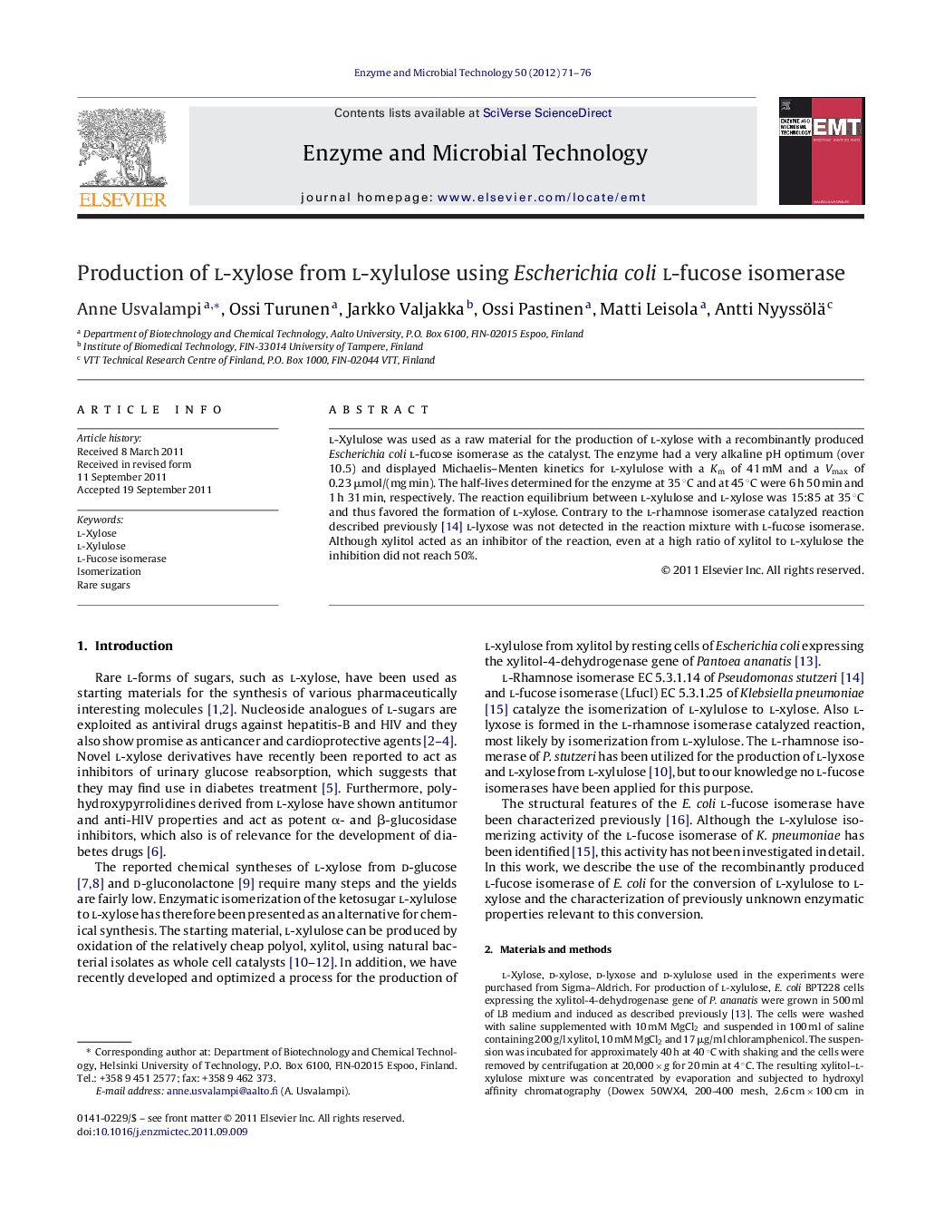 Production of l-xylose from l-xylulose using Escherichia colil-fucose isomerase