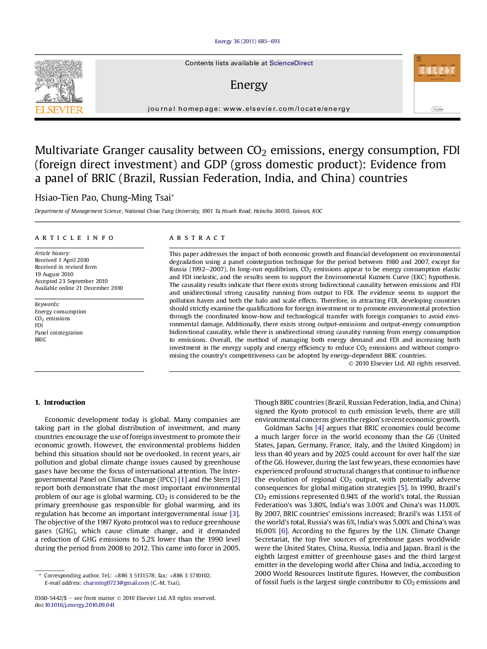 Multivariate Granger causality between CO2 emissions, energy consumption, FDI (foreign direct investment) and GDP (gross domestic product): Evidence from a panel of BRIC (Brazil, Russian Federation, India, and China) countries