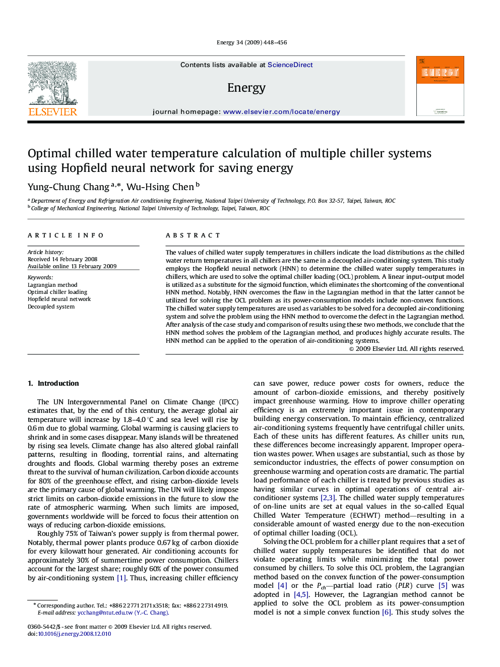Optimal chilled water temperature calculation of multiple chiller systems using Hopfield neural network for saving energy