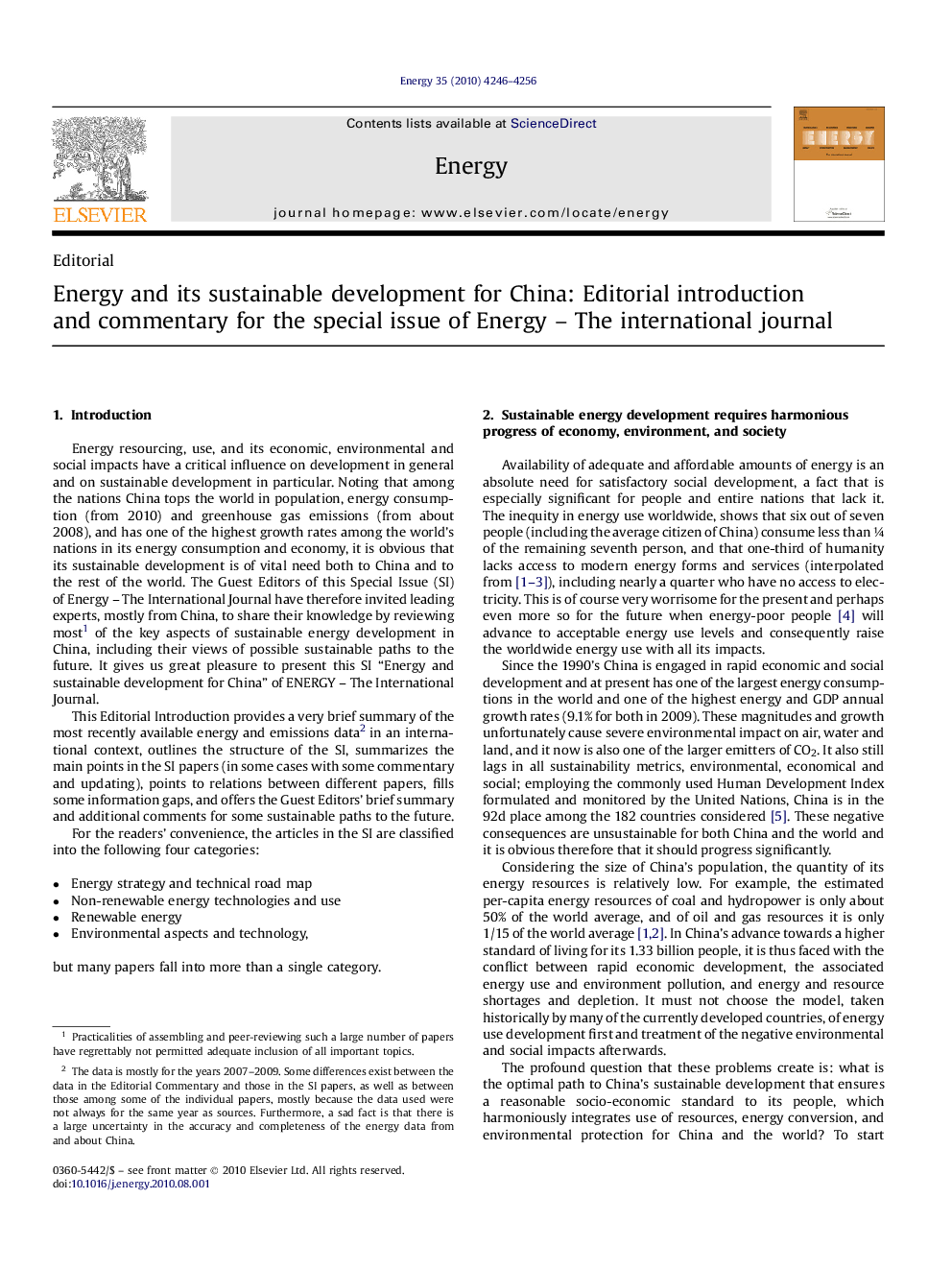 Energy and its sustainable development for China: Editorial introduction and commentary for the special issue of Energy - The international journal