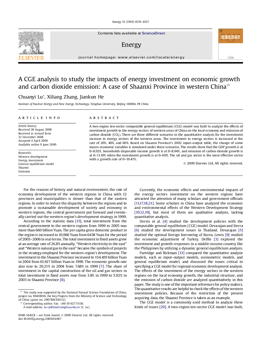 A CGE analysis to study the impacts of energy investment on economic growth and carbon dioxide emission: A case of Shaanxi Province in western China 