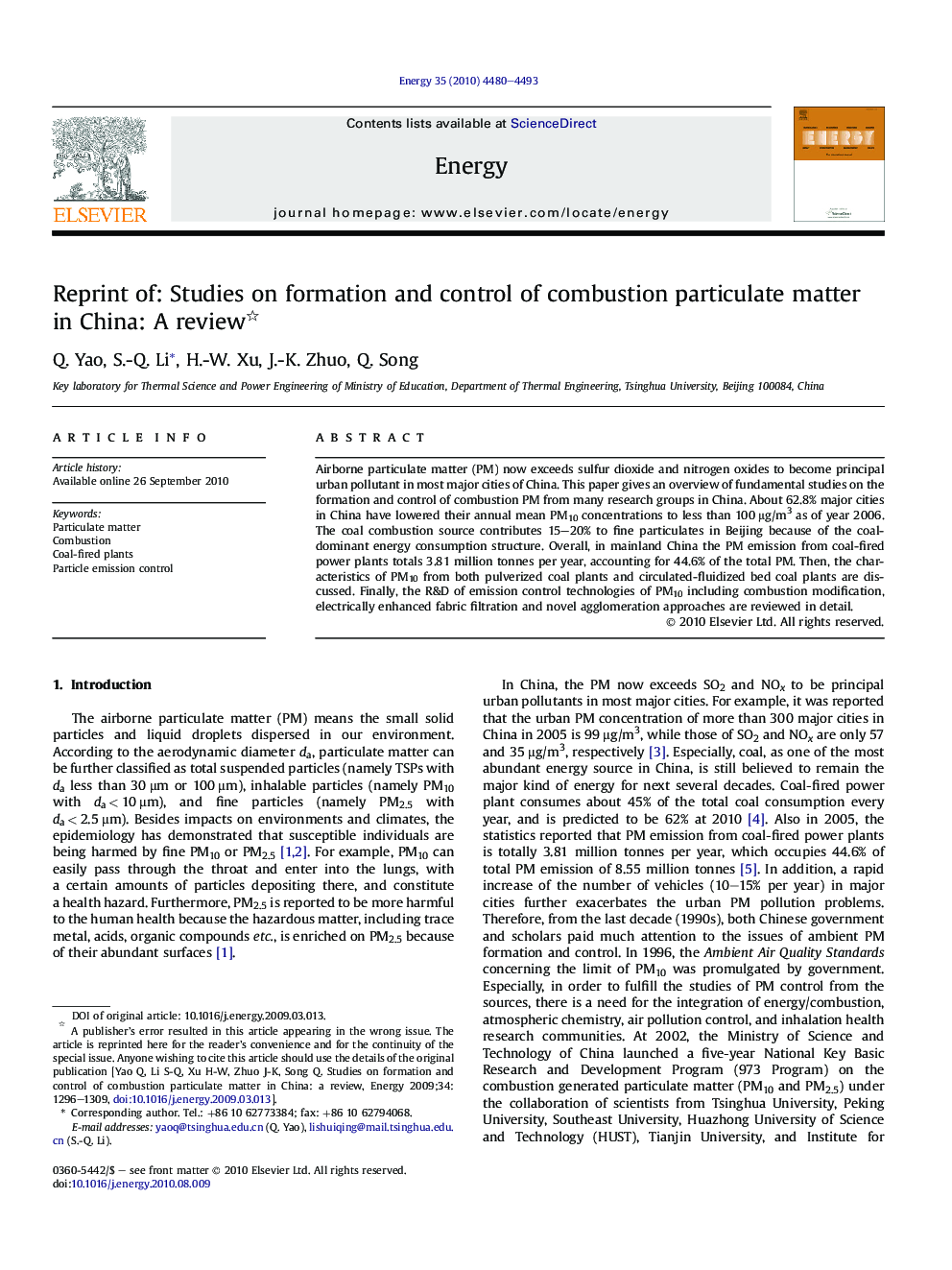 Reprint of: Studies on formation and control of combustion particulate matter in China: A review 