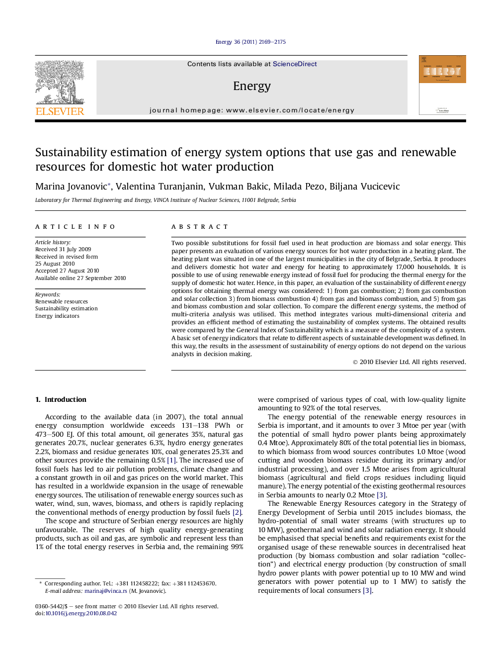 Sustainability estimation of energy system options that use gas and renewable resources for domestic hot water production