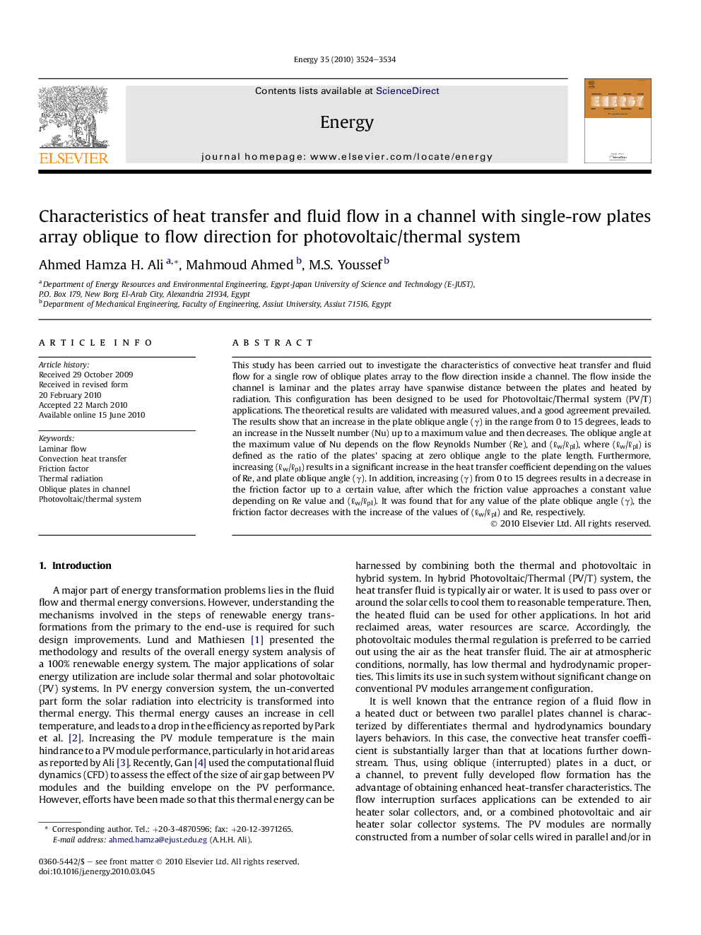 Characteristics of heat transfer and fluid flow in a channel with single-row plates array oblique to flow direction for photovoltaic/thermal system