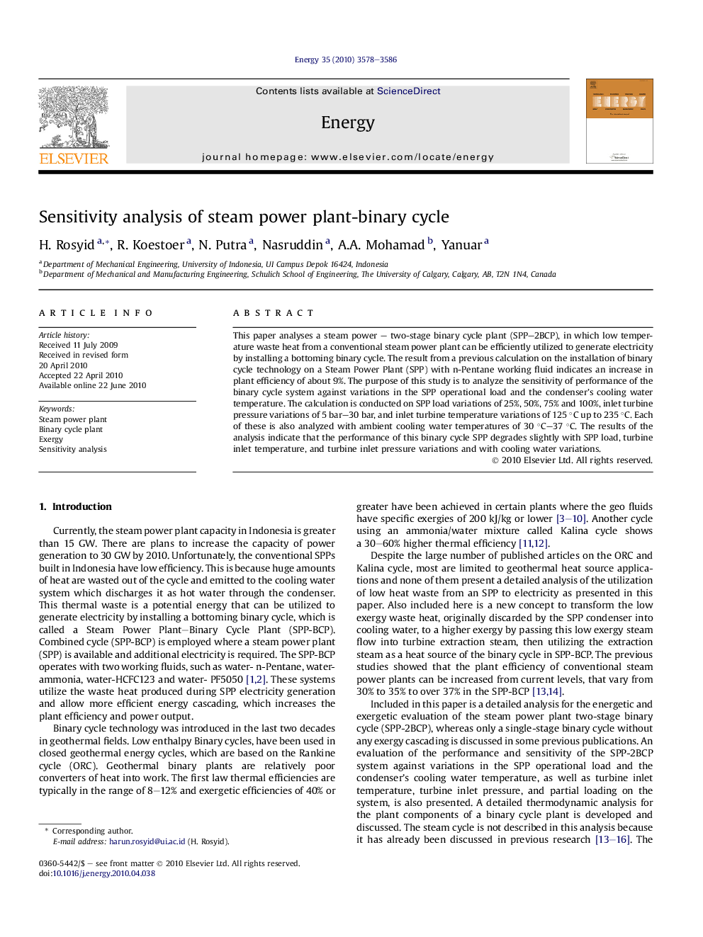 Sensitivity analysis of steam power plant-binary cycle