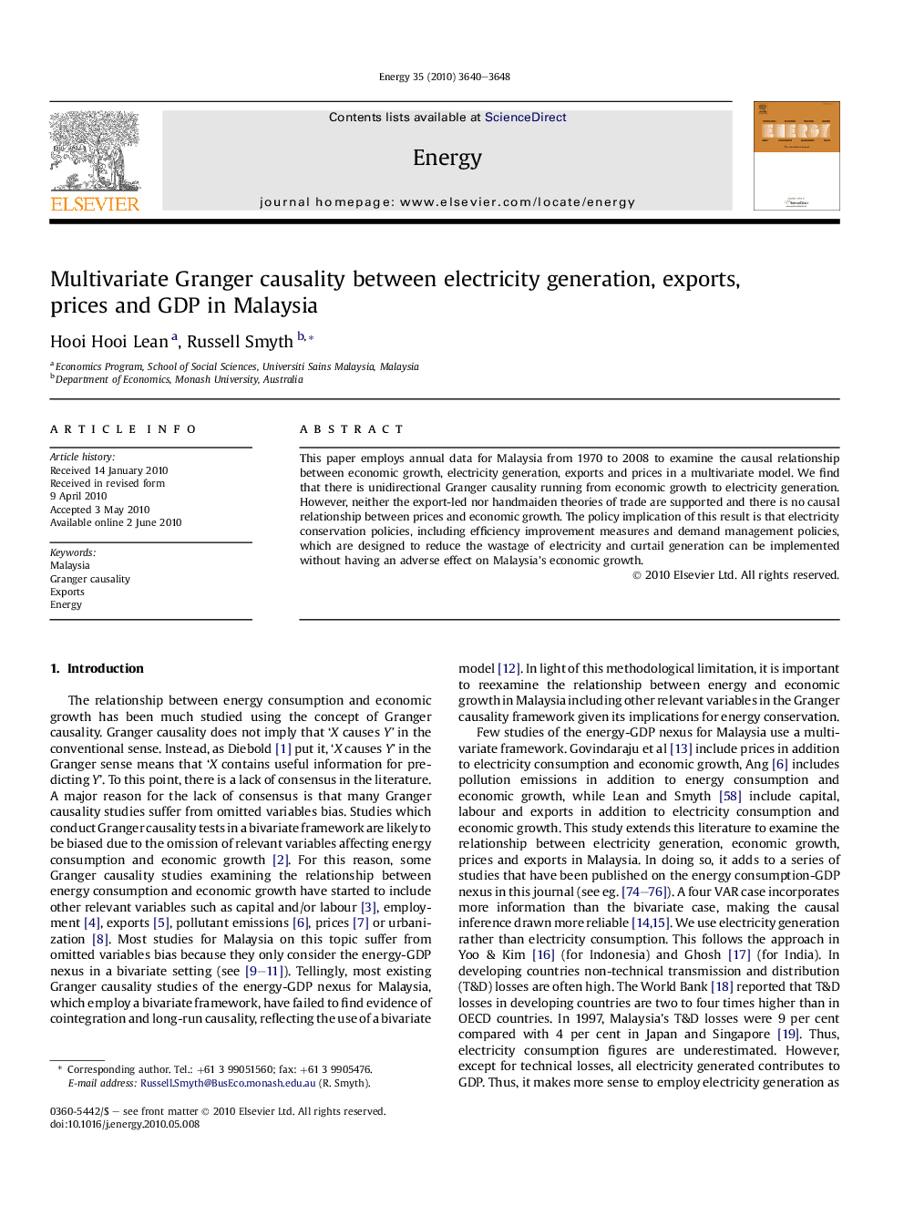 Multivariate Granger causality between electricity generation, exports, prices and GDP in Malaysia