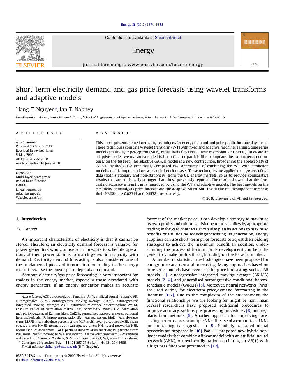 Short-term electricity demand and gas price forecasts using wavelet transforms and adaptive models