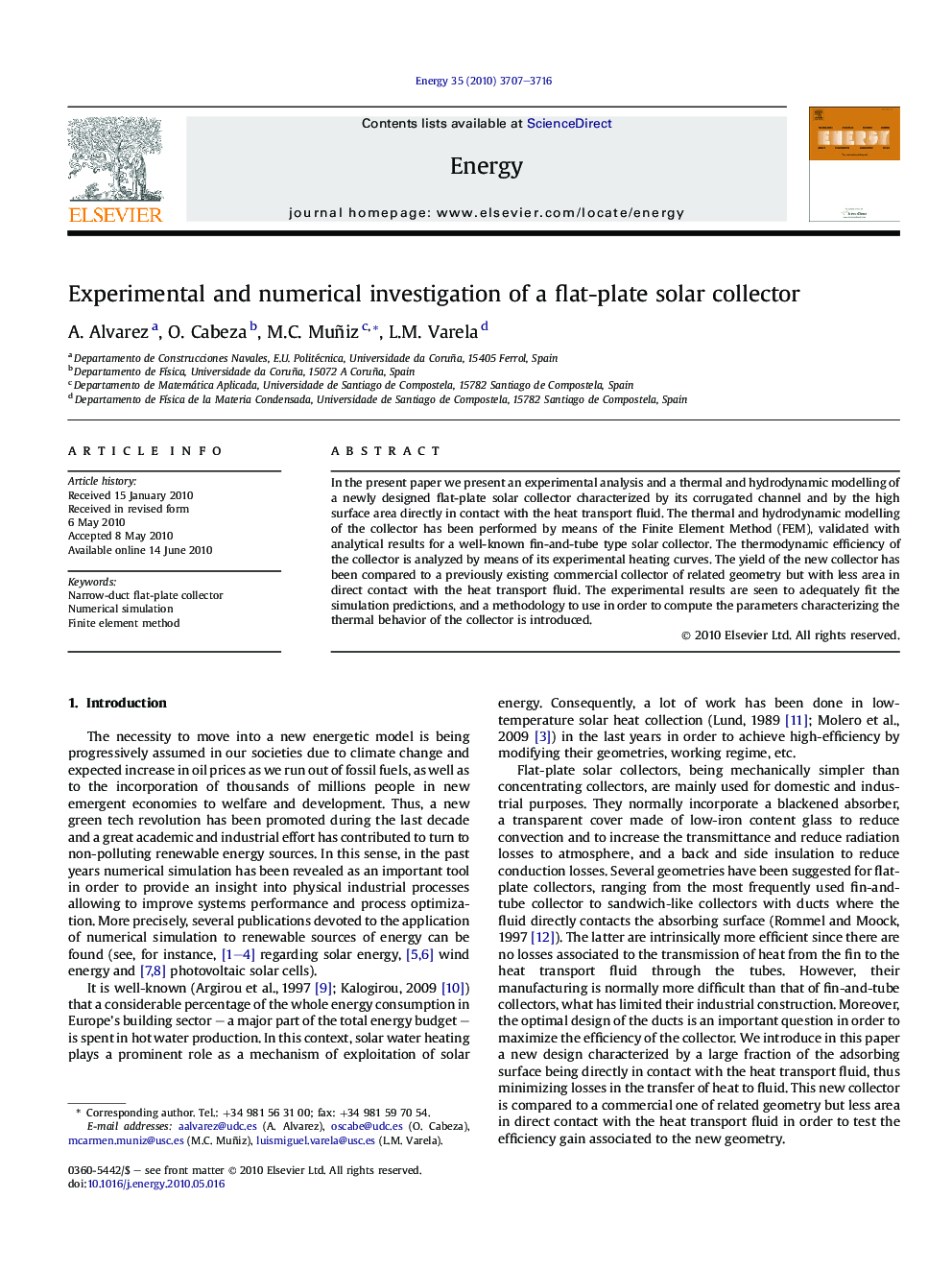 Experimental and numerical investigation of a flat-plate solar collector