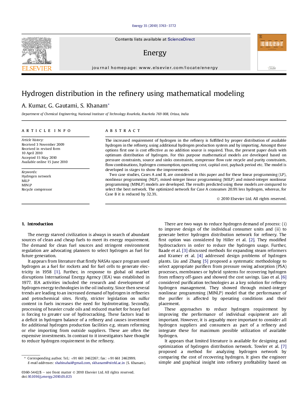 Hydrogen distribution in the refinery using mathematical modeling