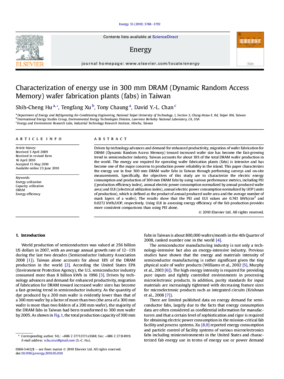 Characterization of energy use in 300 mm DRAM (Dynamic Random Access Memory) wafer fabrication plants (fabs) in Taiwan