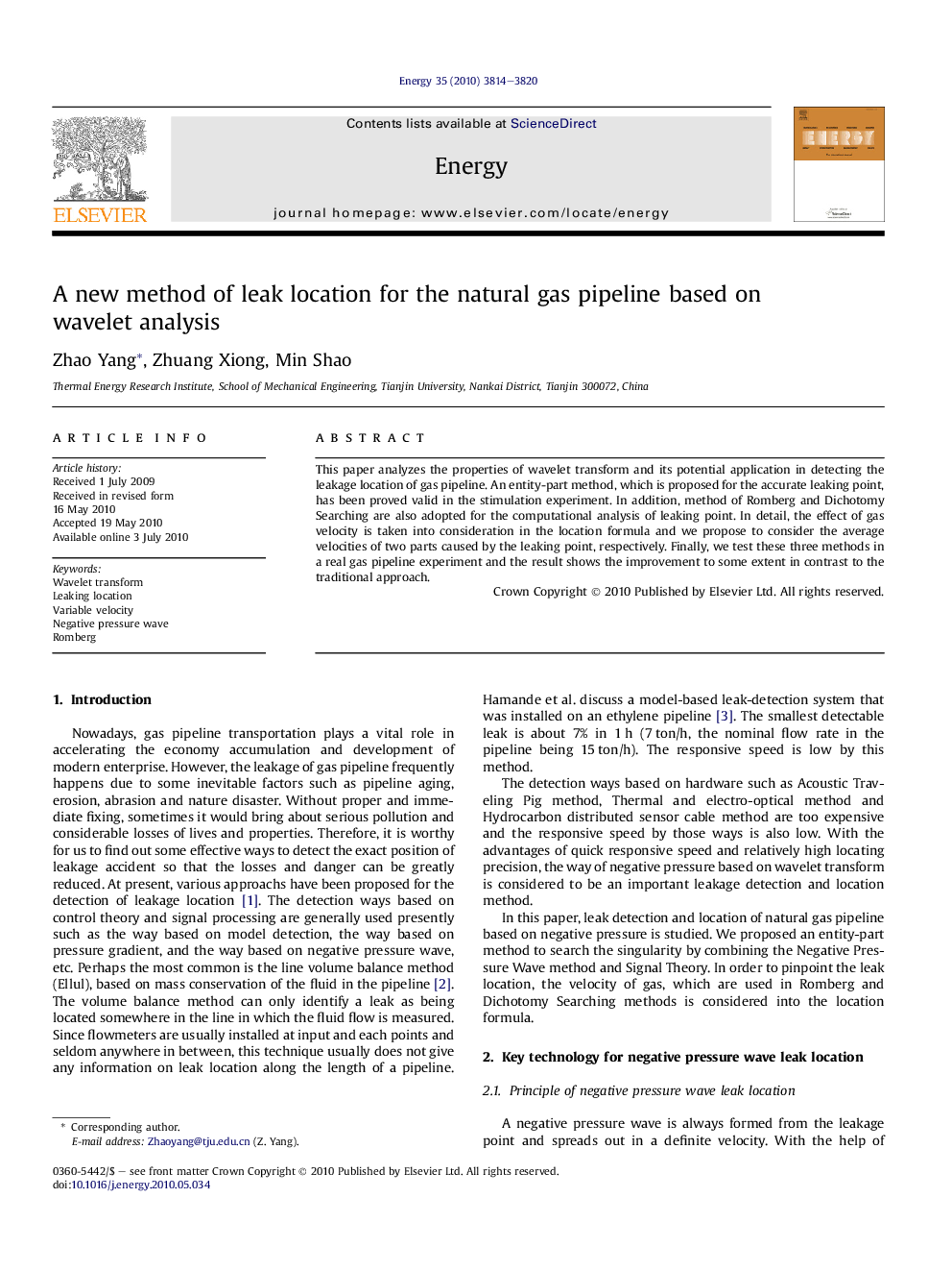 A new method of leak location for the natural gas pipeline based on wavelet analysis