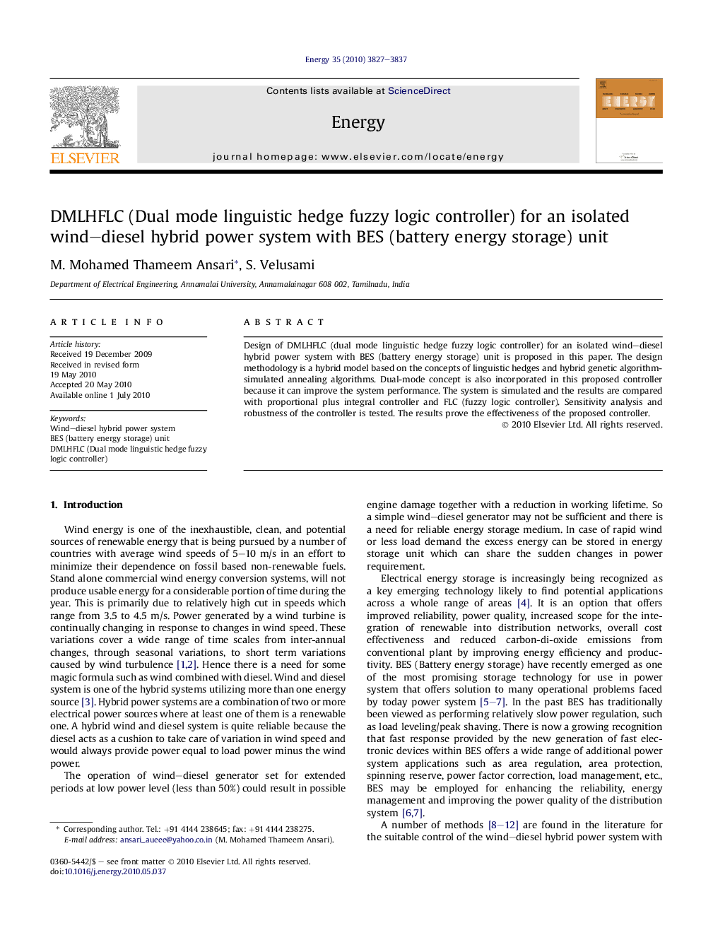 DMLHFLC (Dual mode linguistic hedge fuzzy logic controller) for an isolated wind–diesel hybrid power system with BES (battery energy storage) unit