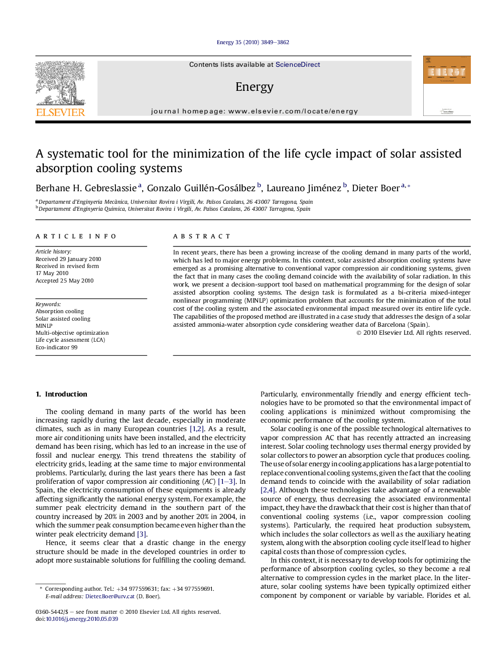 A systematic tool for the minimization of the life cycle impact of solar assisted absorption cooling systems