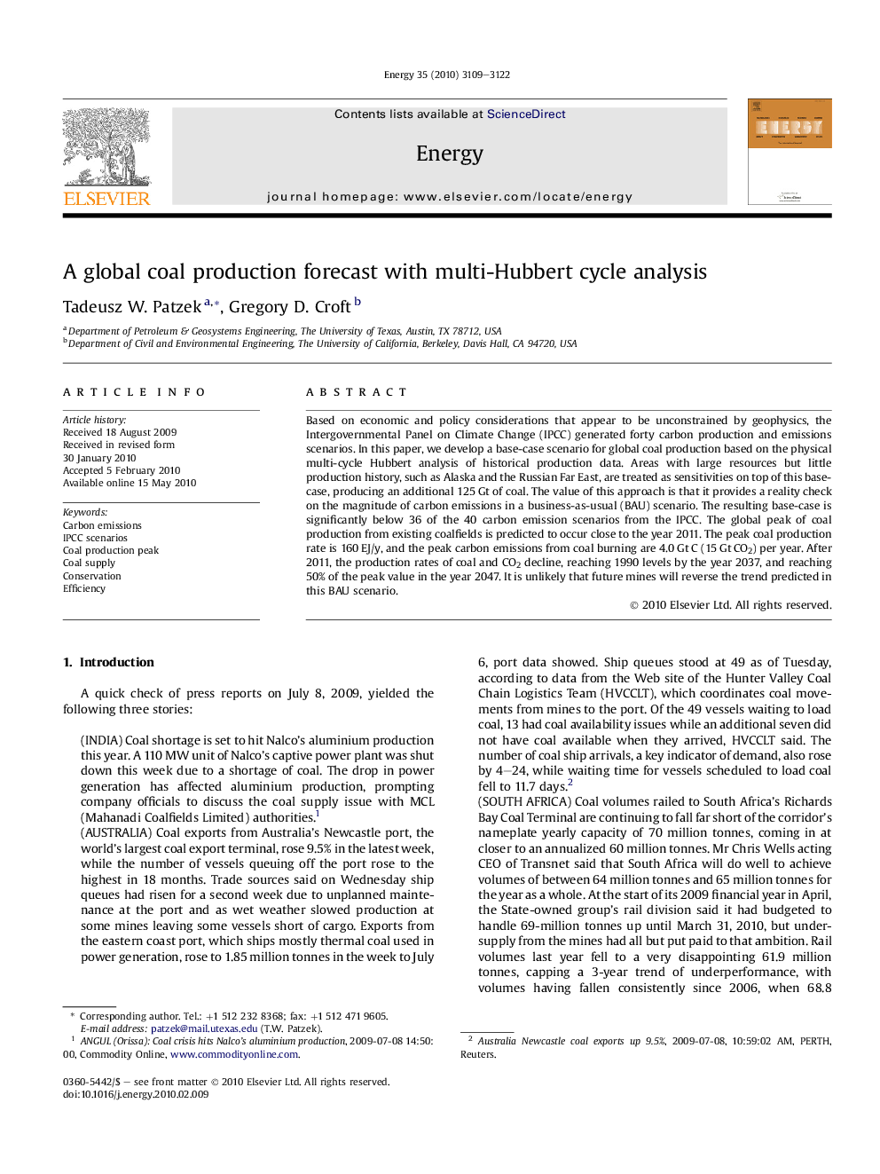 A global coal production forecast with multi-Hubbert cycle analysis