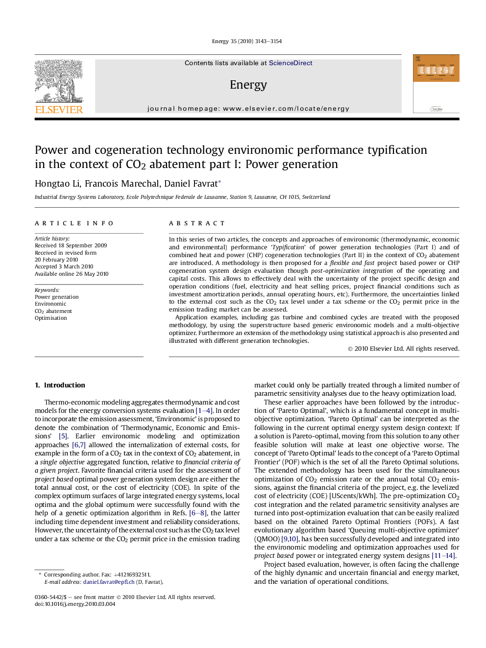 Power and cogeneration technology environomic performance typification in the context of CO2 abatement part I: Power generation