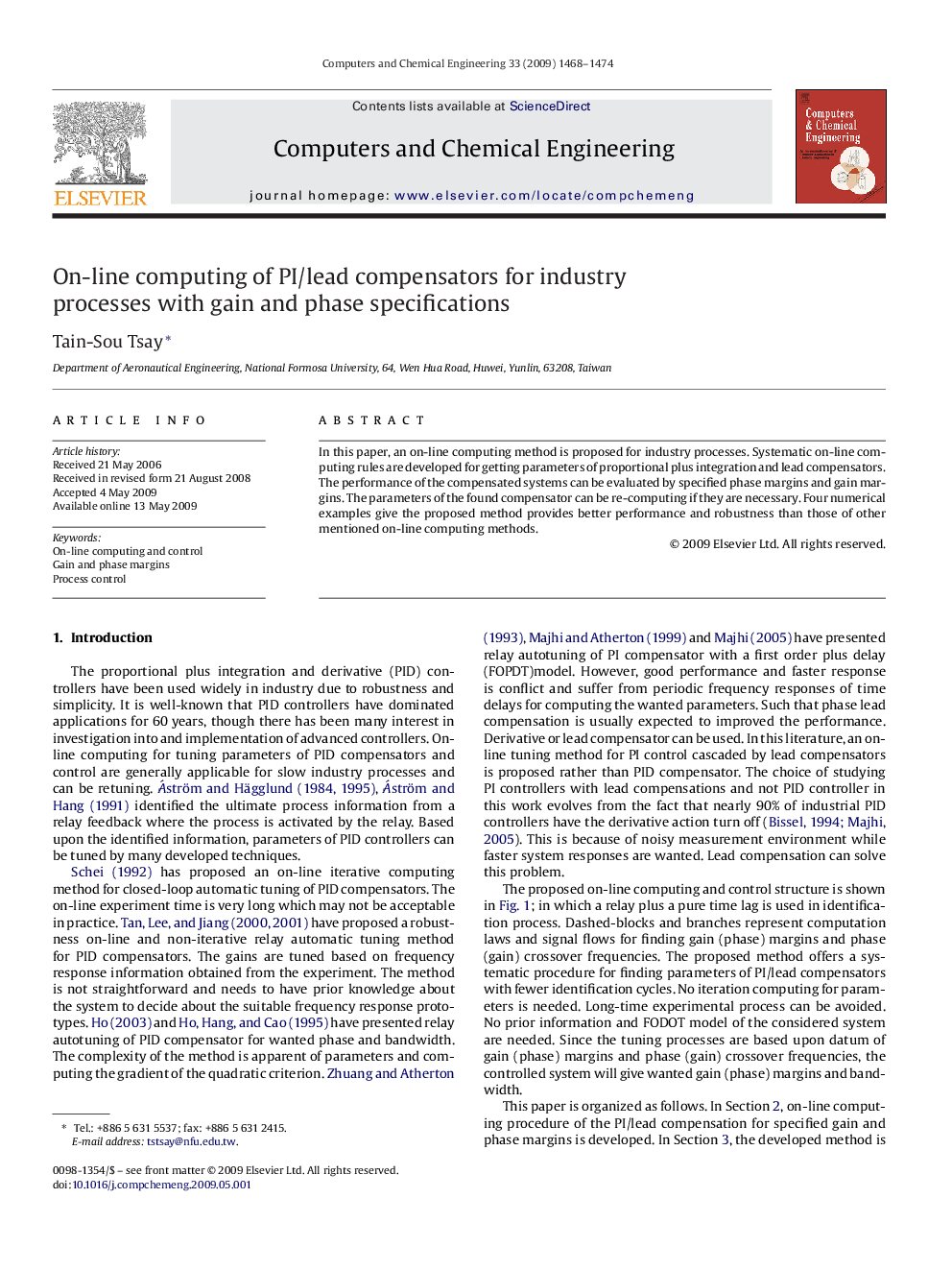 On-line computing of PI/lead compensators for industry processes with gain and phase specifications