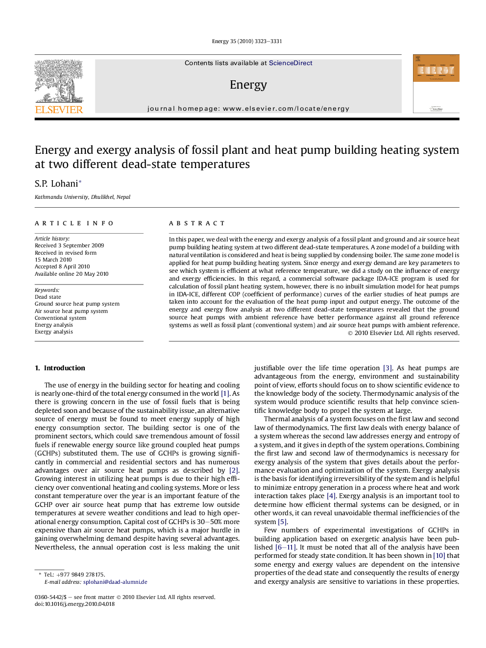 Energy and exergy analysis of fossil plant and heat pump building heating system at two different dead-state temperatures