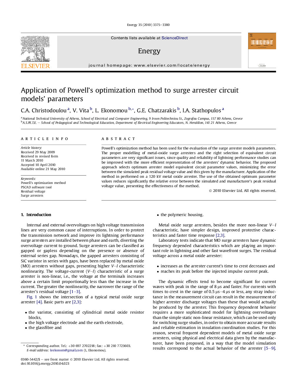 Application of Powell’s optimization method to surge arrester circuit models’ parameters