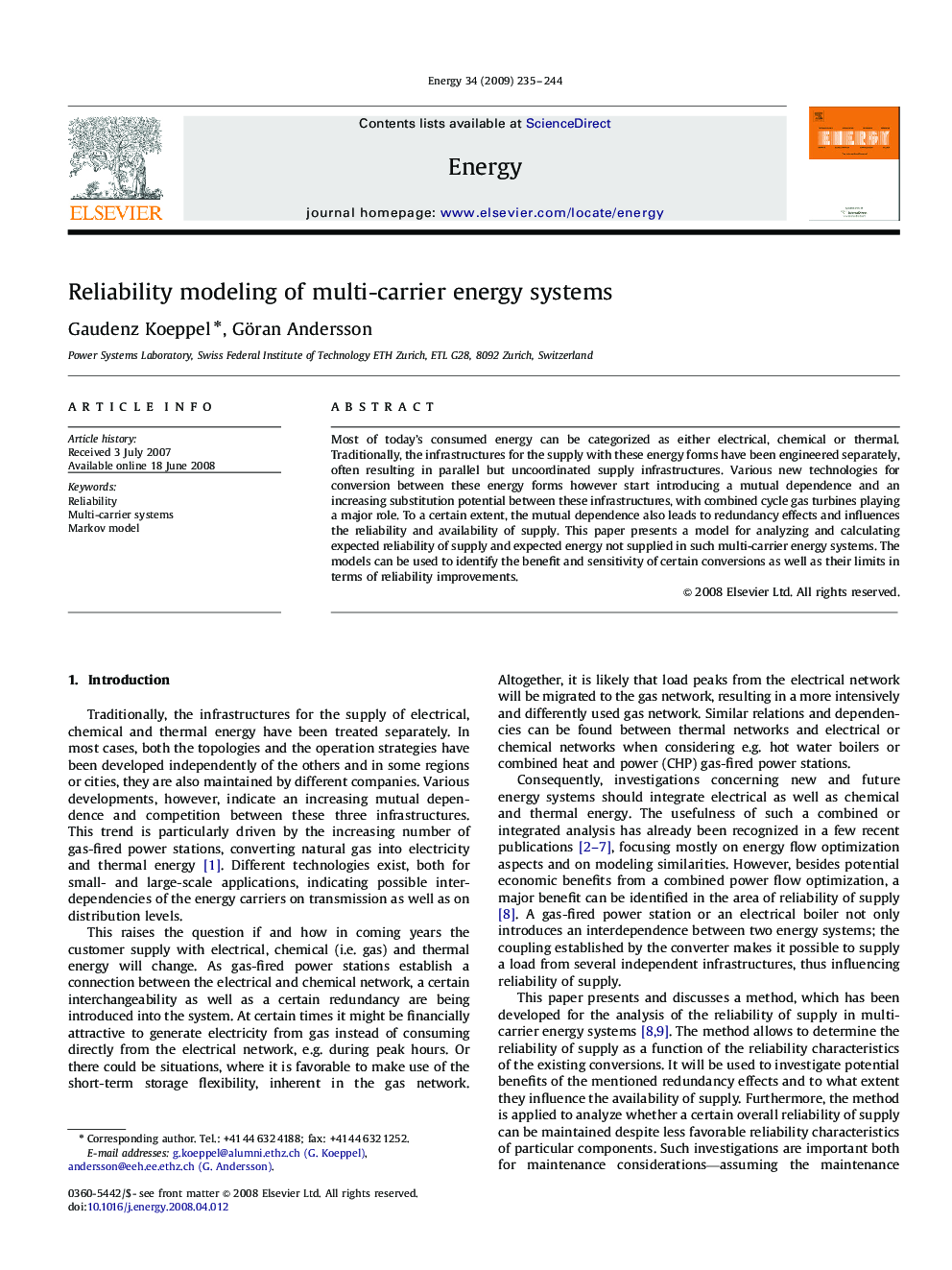 Reliability modeling of multi-carrier energy systems