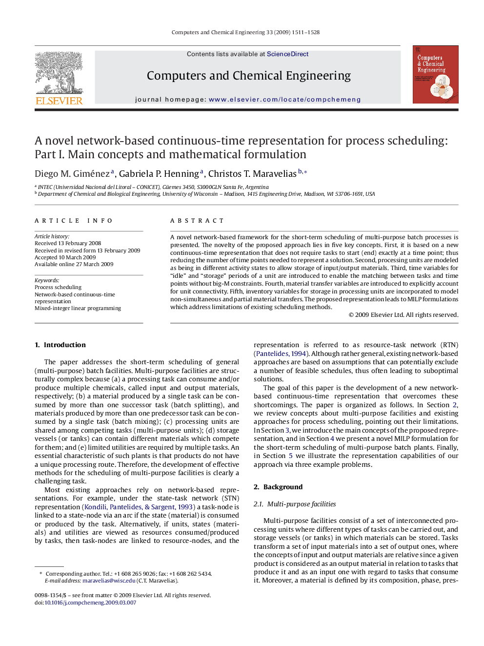 A novel network-based continuous-time representation for process scheduling: Part I. Main concepts and mathematical formulation