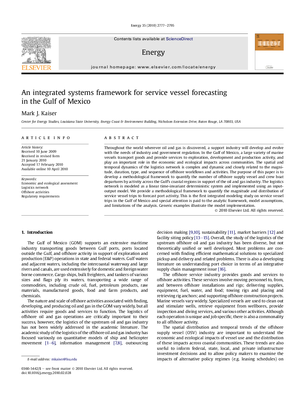 An integrated systems framework for service vessel forecasting in the Gulf of Mexico