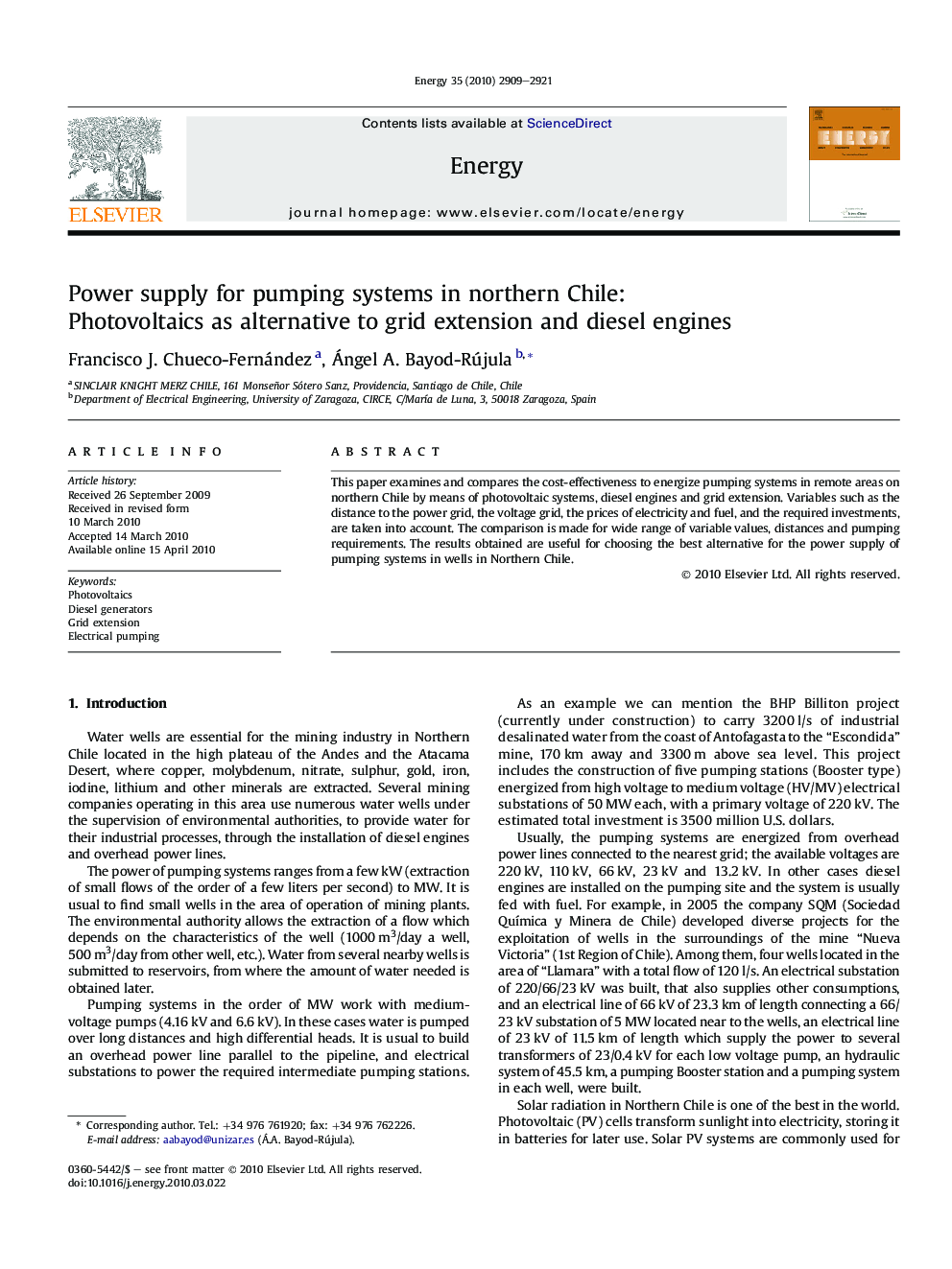 Power supply for pumping systems in northern Chile: Photovoltaics as alternative to grid extension and diesel engines