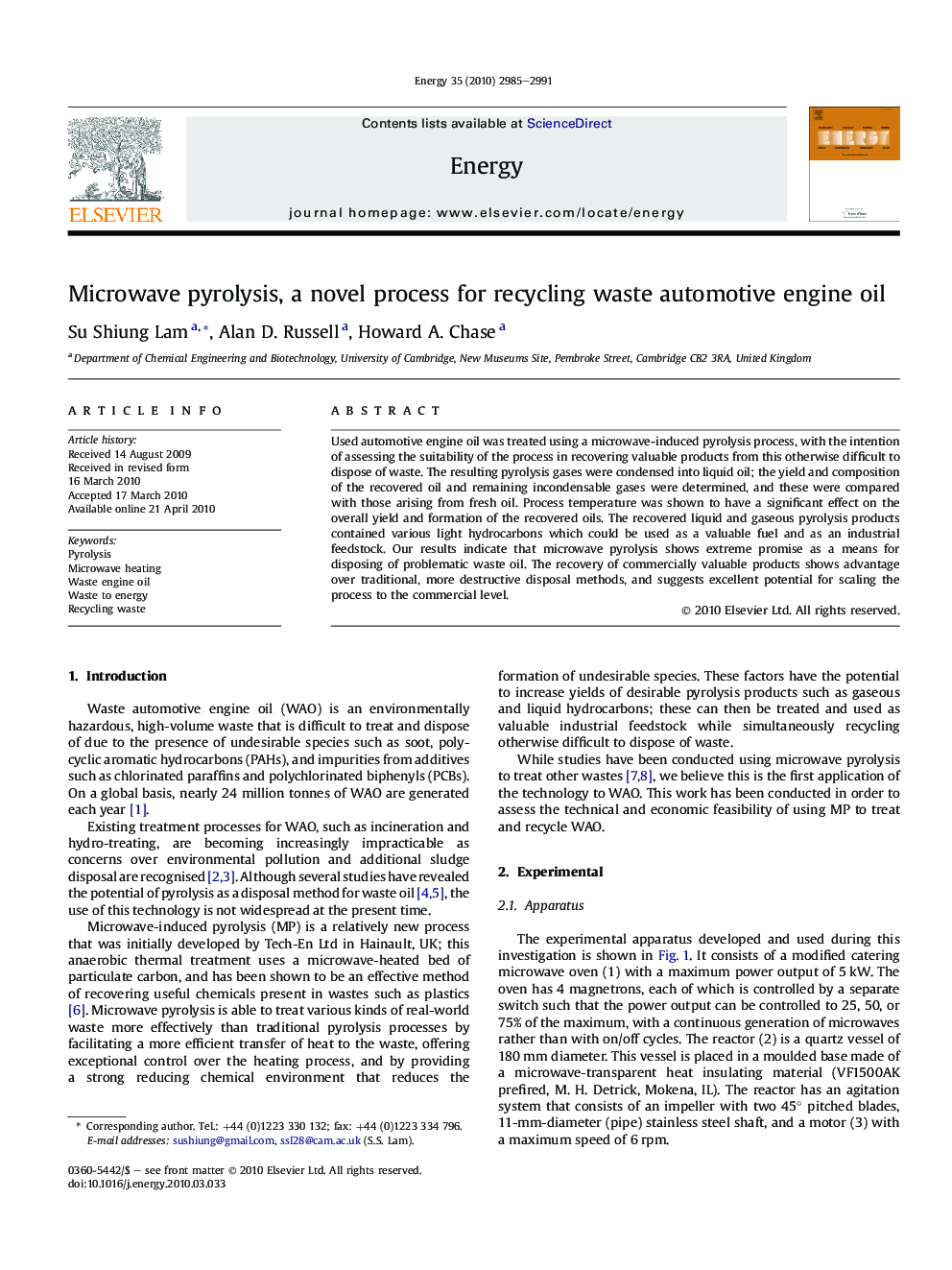 Microwave pyrolysis, a novel process for recycling waste automotive engine oil