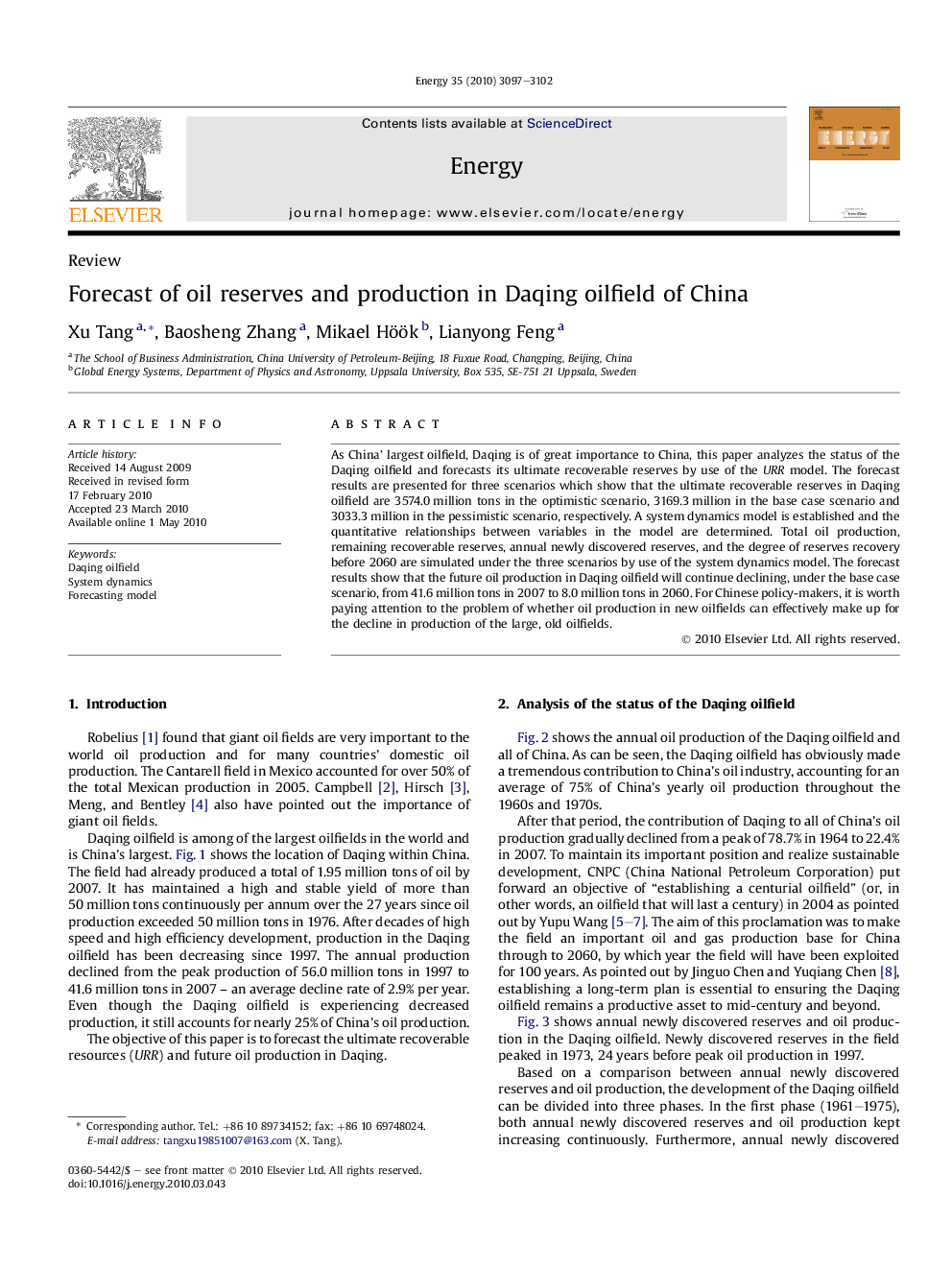 Forecast of oil reserves and production in Daqing oilfield of China