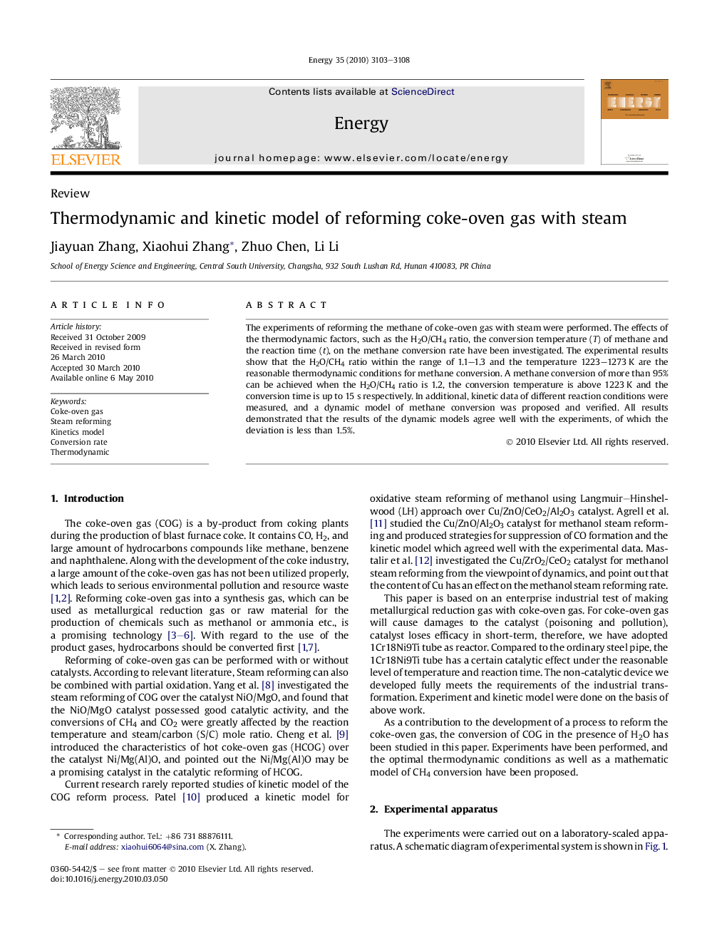 Thermodynamic and kinetic model of reforming coke-oven gas with steam