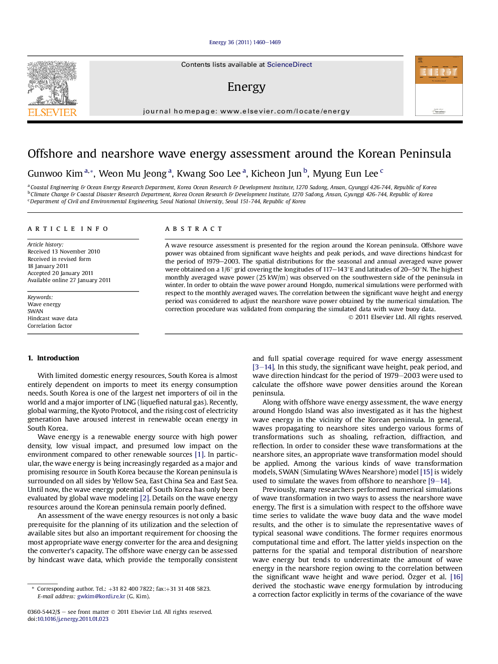 Offshore and nearshore wave energy assessment around the Korean Peninsula