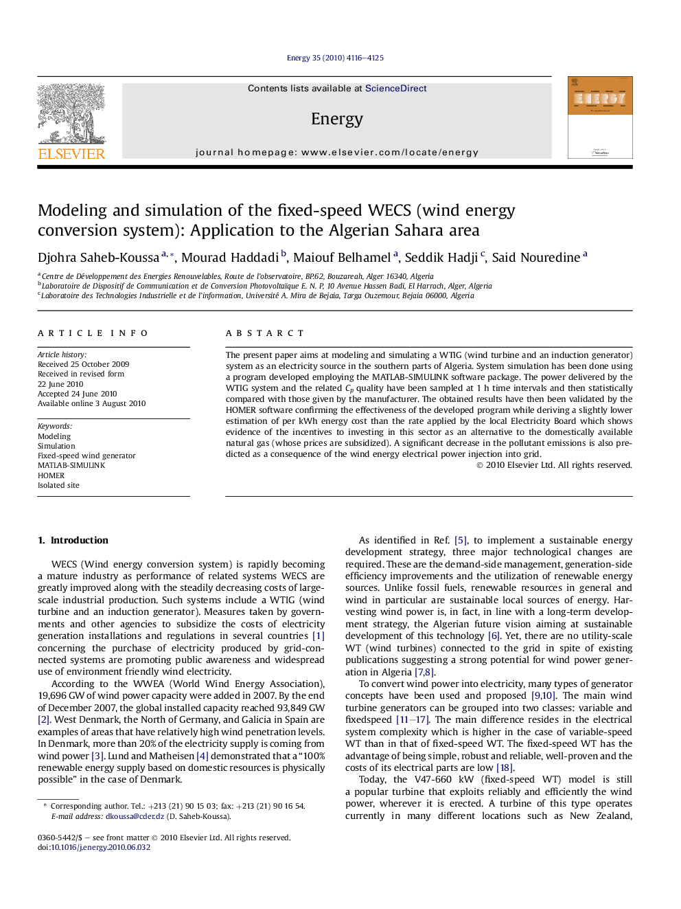 Modeling and simulation of the fixed-speed WECS (wind energy conversion system): Application to the Algerian Sahara area