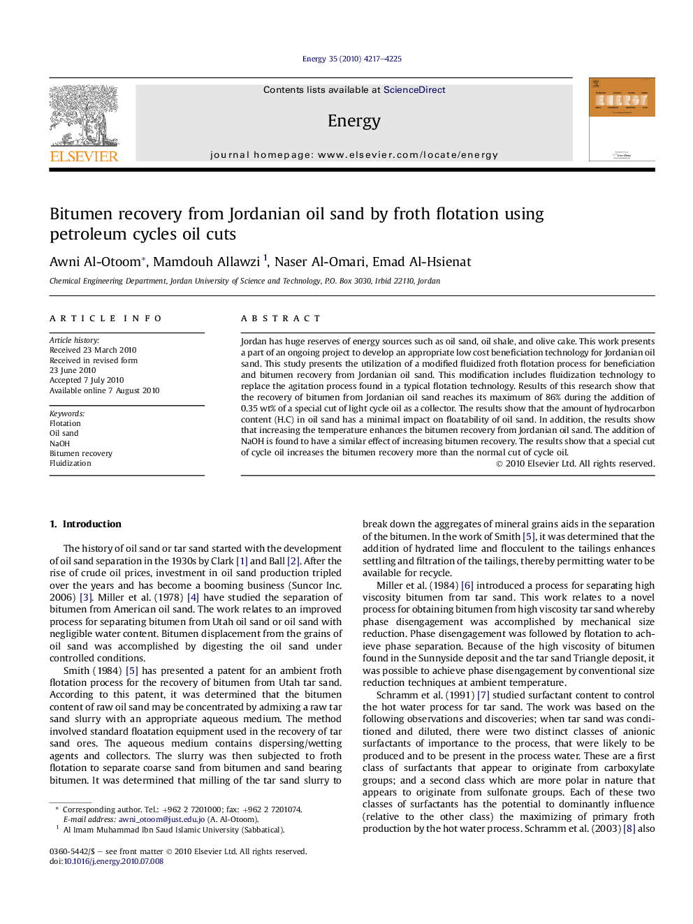 Bitumen recovery from Jordanian oil sand by froth flotation using petroleum cycles oil cuts