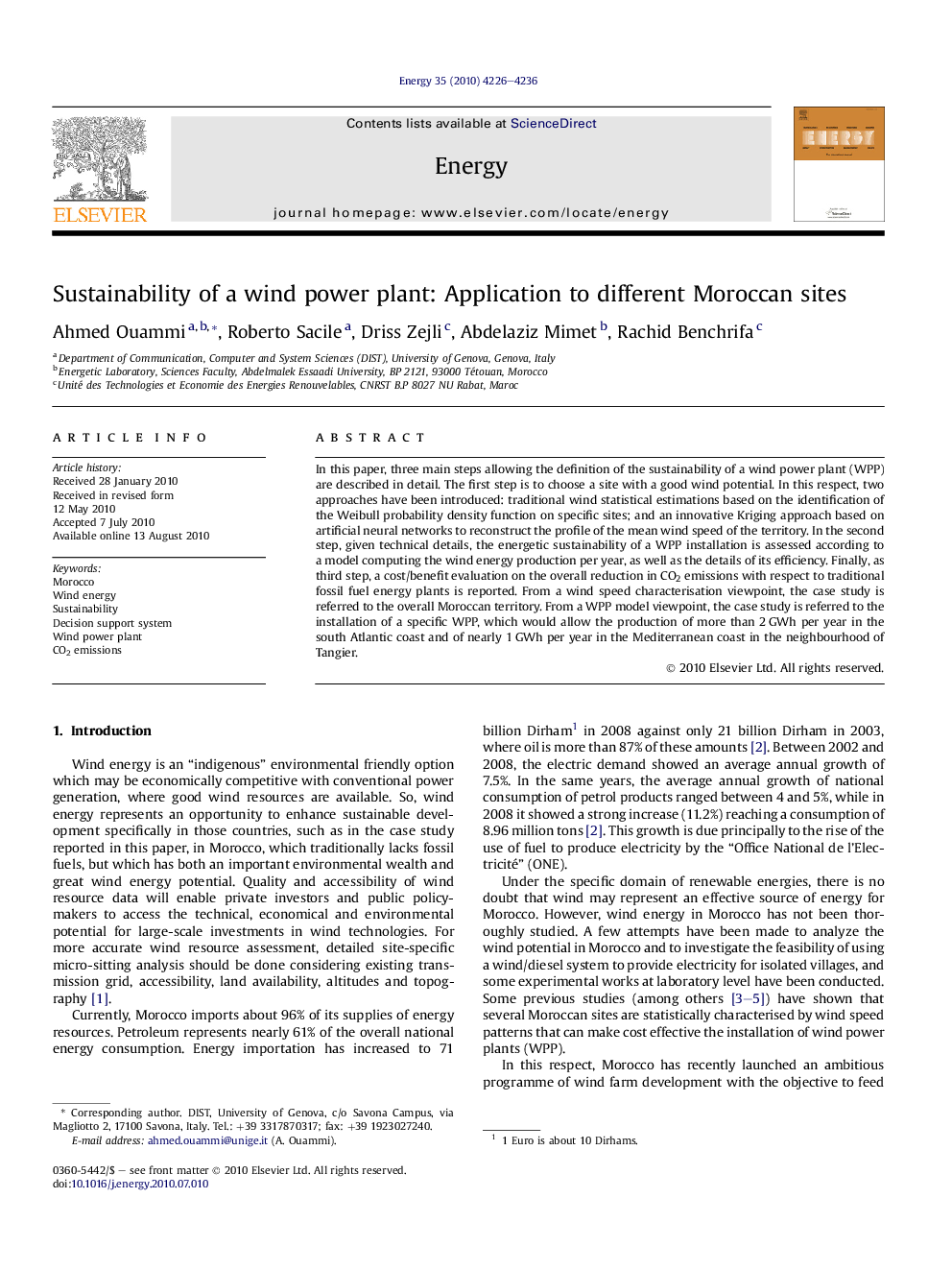 Sustainability of a wind power plant: Application to different Moroccan sites