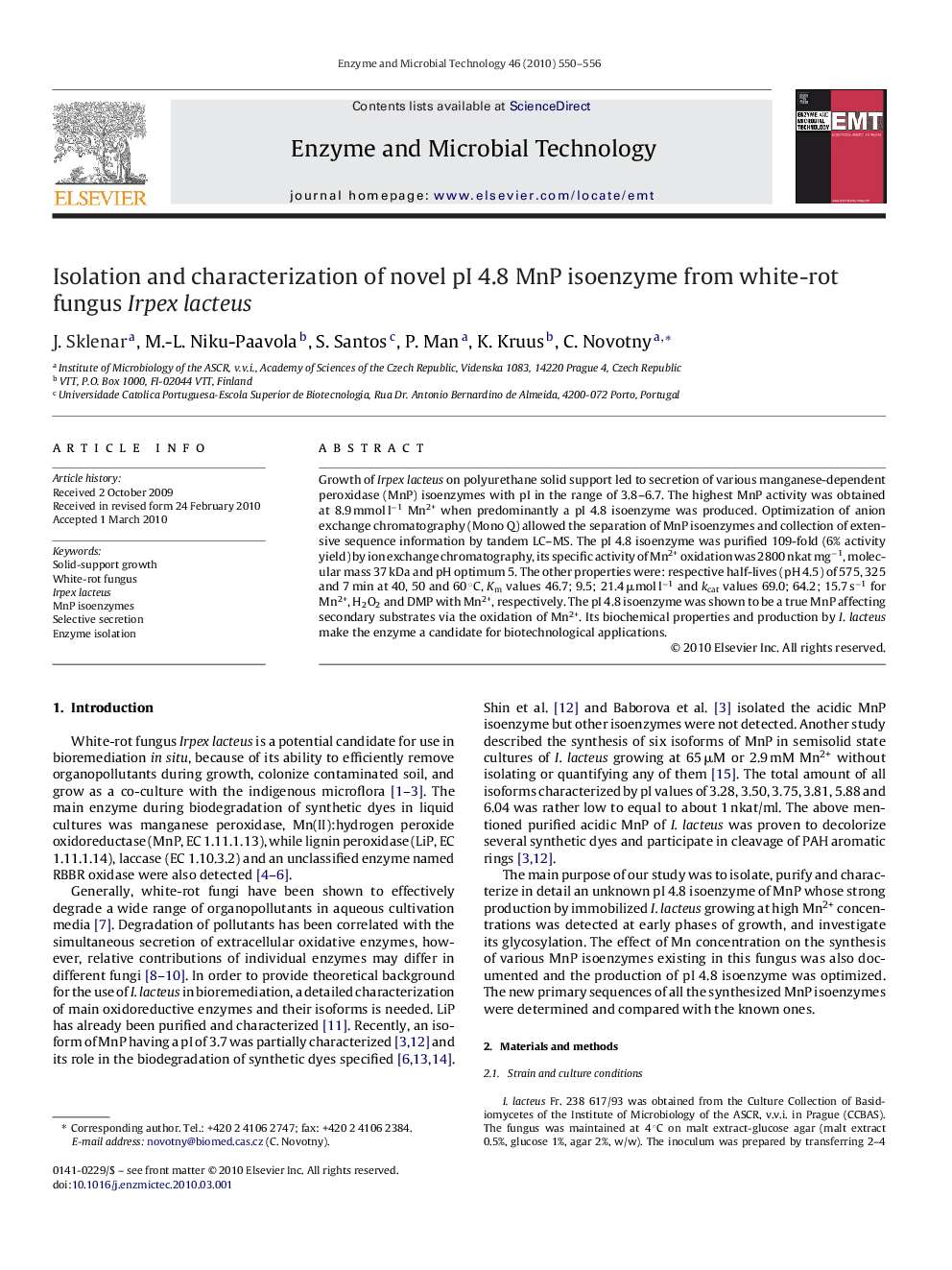 Isolation and characterization of novel pI 4.8 MnP isoenzyme from white-rot fungus Irpex lacteus