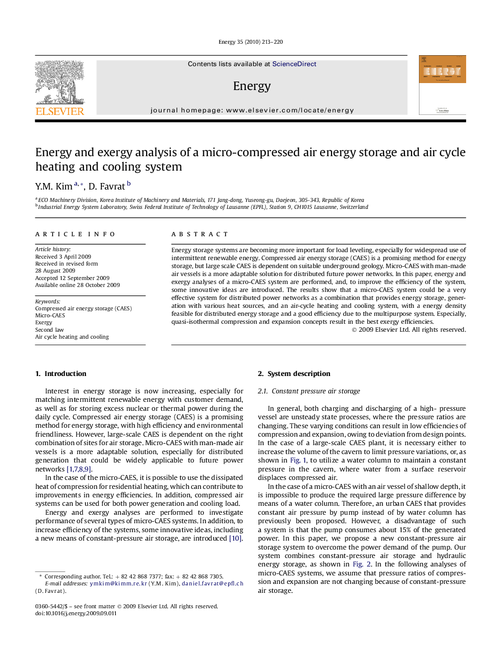 Energy and exergy analysis of a micro-compressed air energy storage and air cycle heating and cooling system