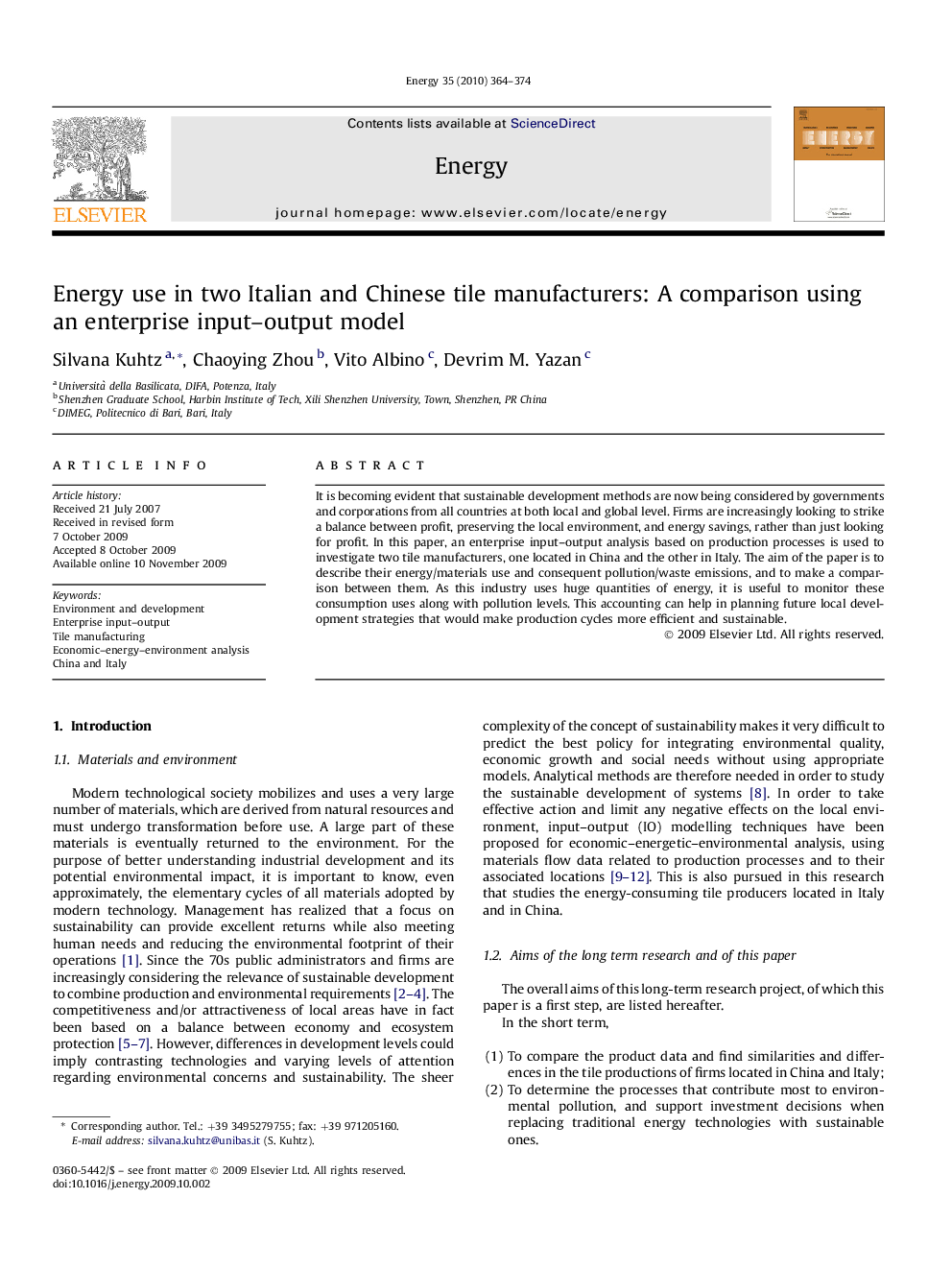 Energy use in two Italian and Chinese tile manufacturers: A comparison using an enterprise input–output model