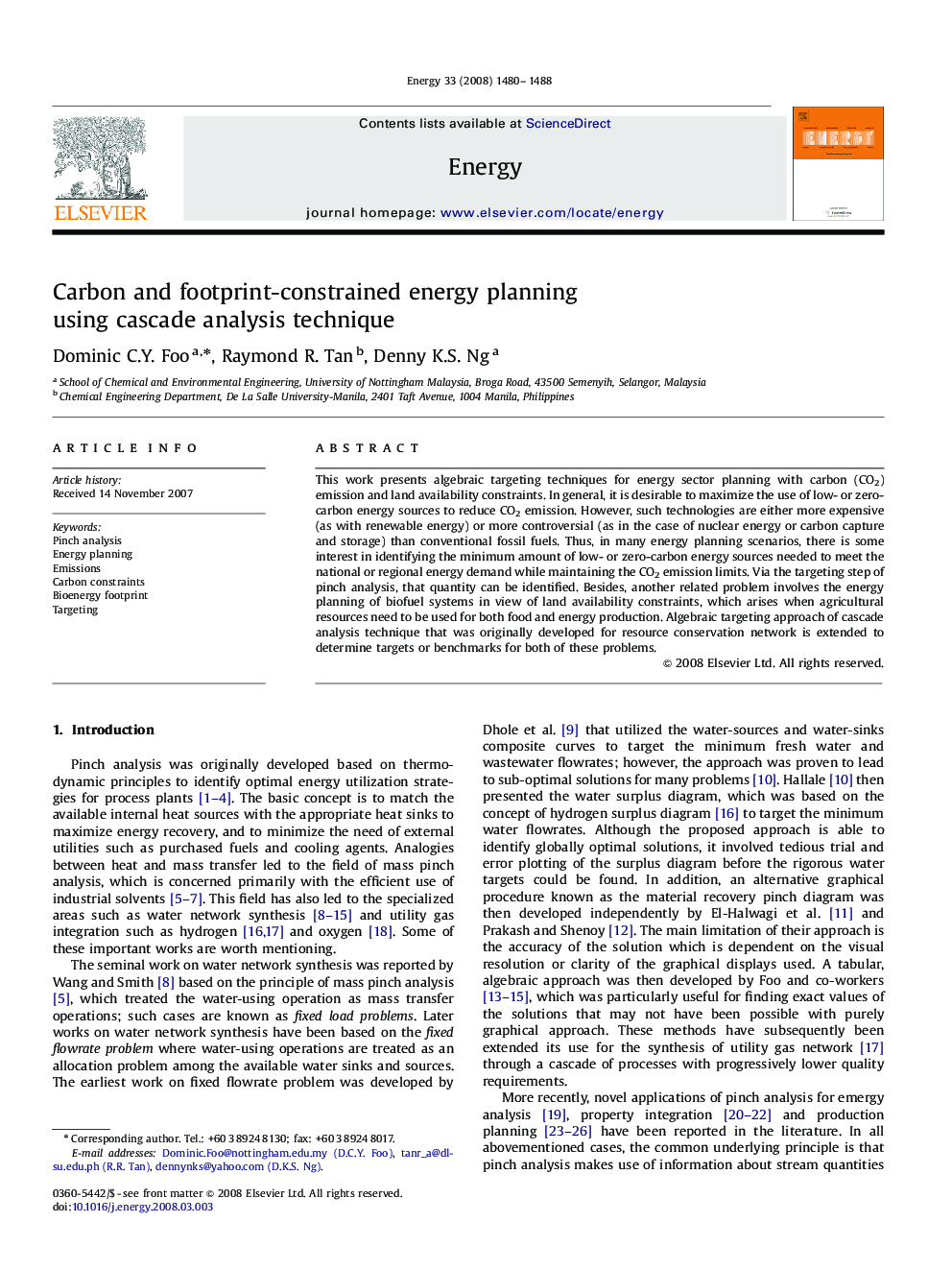 Carbon and footprint-constrained energy planning using cascade analysis technique