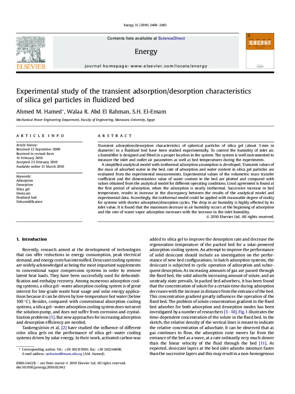 Experimental study of the transient adsorption/desorption characteristics of silica gel particles in fluidized bed