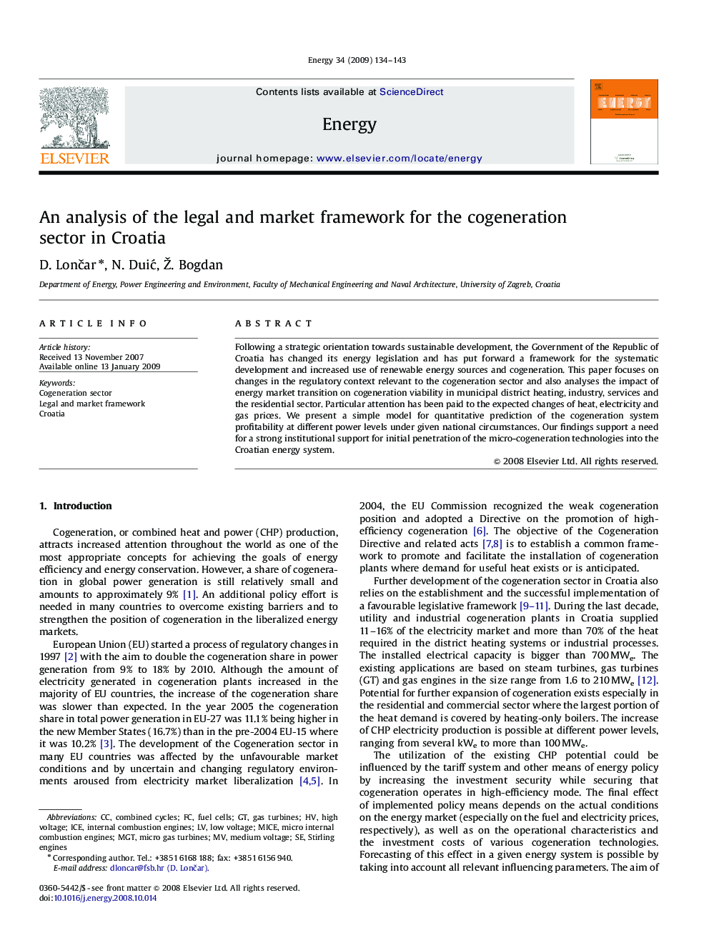 An analysis of the legal and market framework for the cogeneration sector in Croatia