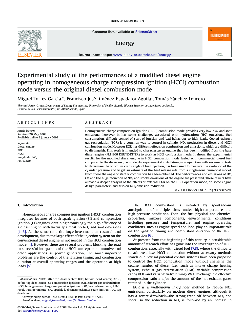 Experimental study of the performances of a modified diesel engine operating in homogeneous charge compression ignition (HCCI) combustion mode versus the original diesel combustion mode