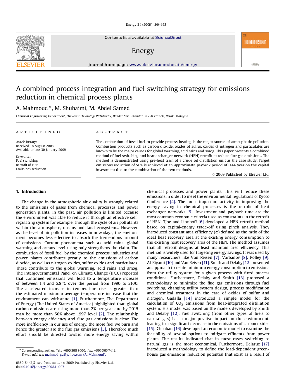 A combined process integration and fuel switching strategy for emissions reduction in chemical process plants