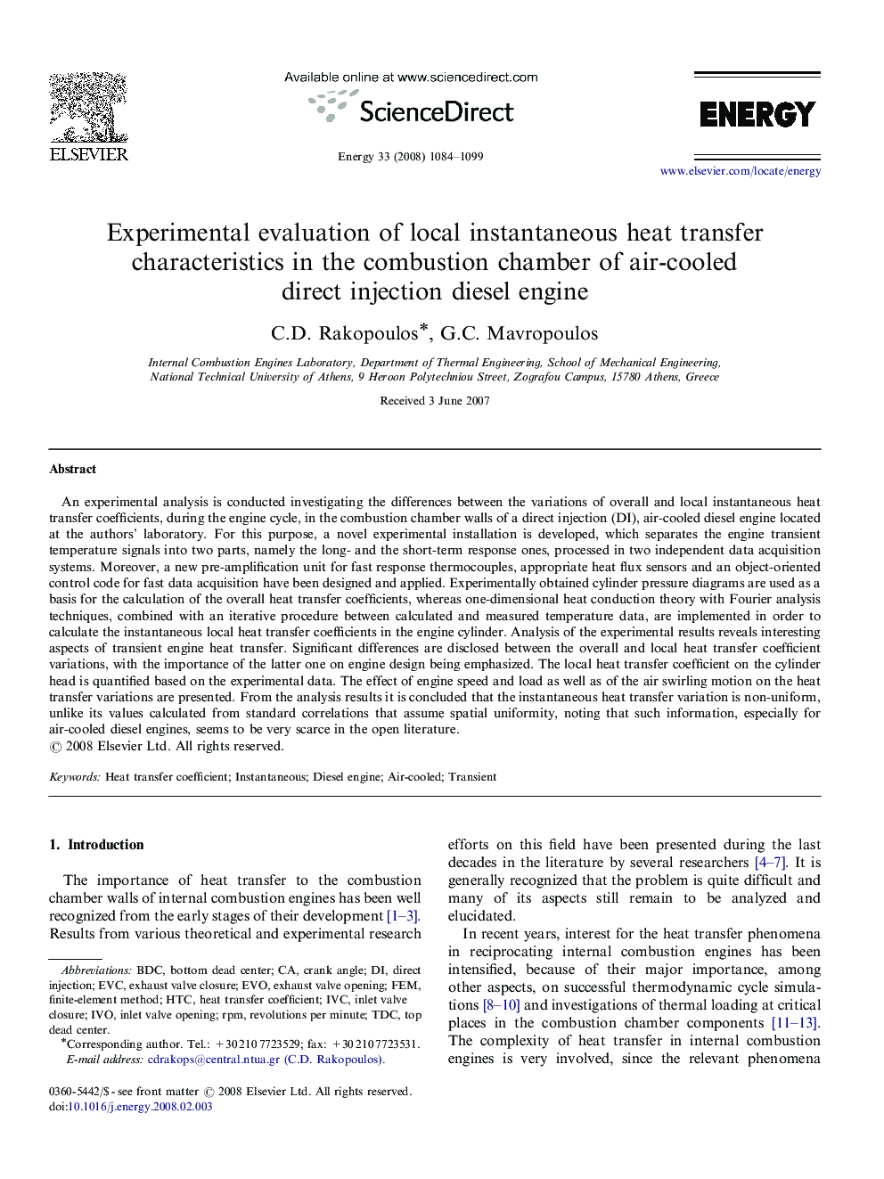 Experimental evaluation of local instantaneous heat transfer characteristics in the combustion chamber of air-cooled direct injection diesel engine