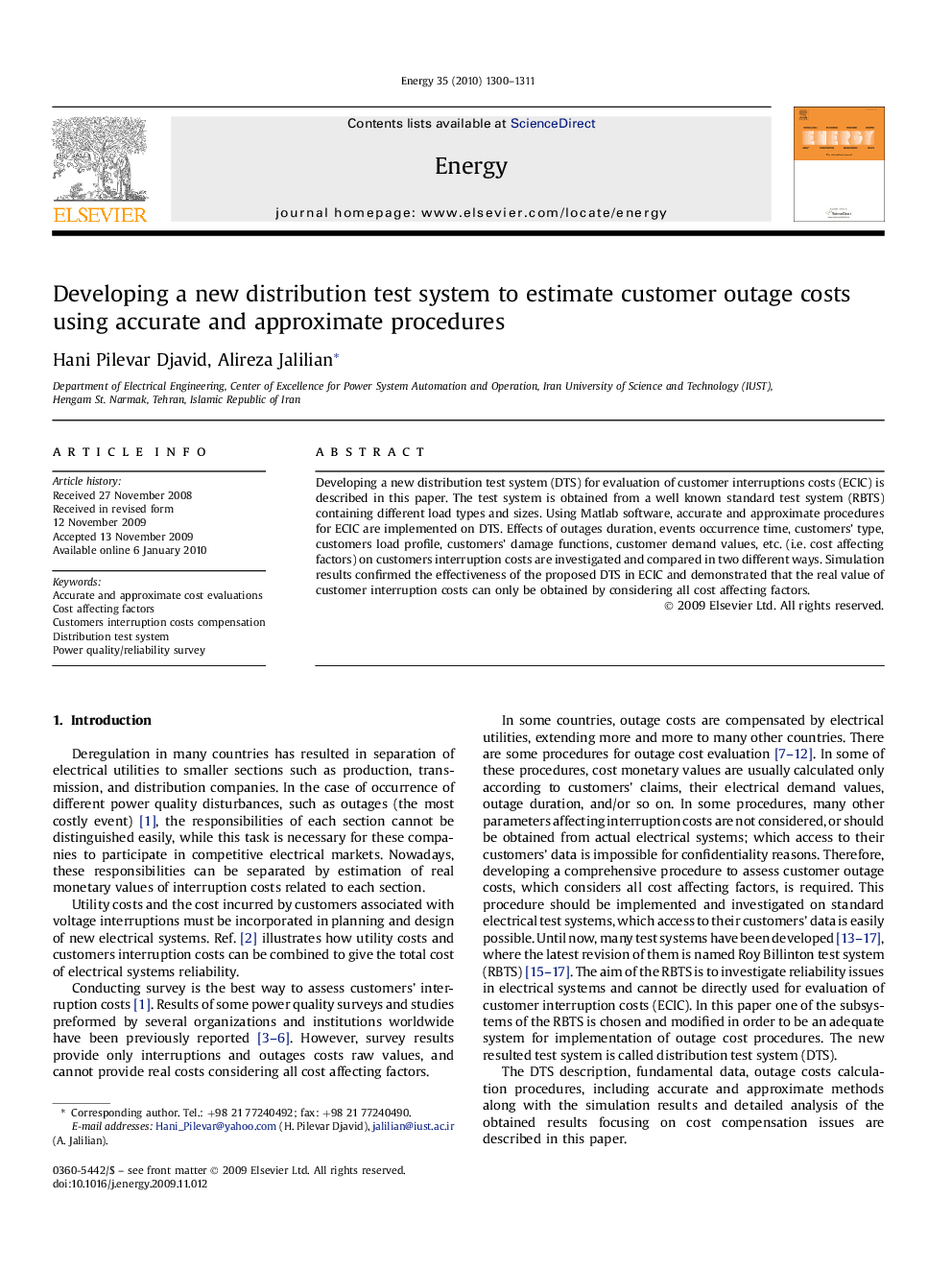 Developing a new distribution test system to estimate customer outage costs using accurate and approximate procedures