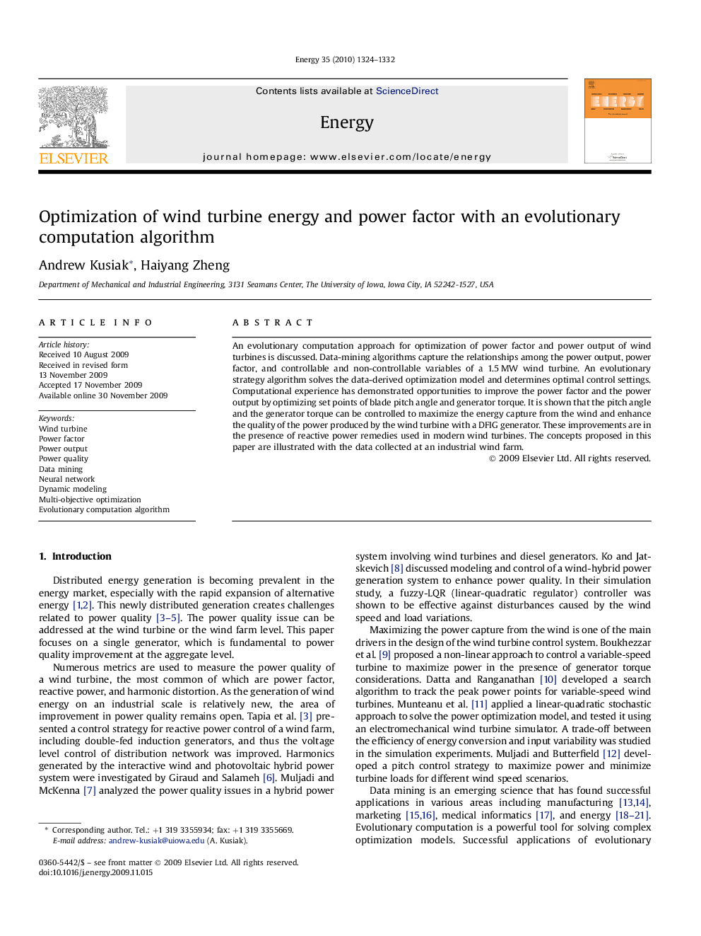 Optimization of wind turbine energy and power factor with an evolutionary computation algorithm