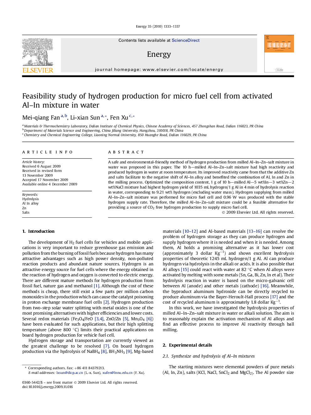 Feasibility study of hydrogen production for micro fuel cell from activated Al–In mixture in water