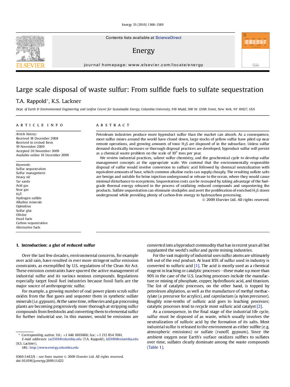 Large scale disposal of waste sulfur: From sulfide fuels to sulfate sequestration