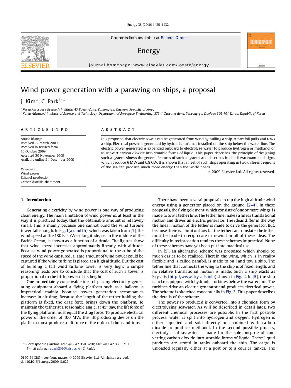 Wind power generation with a parawing on ships, a proposal