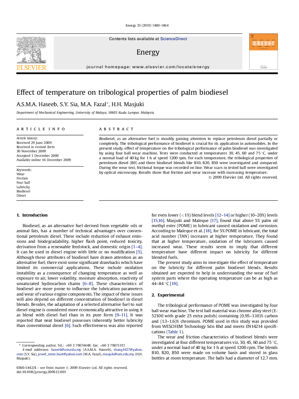 Effect of temperature on tribological properties of palm biodiesel